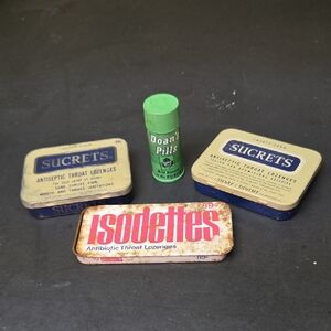 **LOT OF 4** Vintage Original Sucrets, Isodettes Lozenges Doans Pills Metal Tins